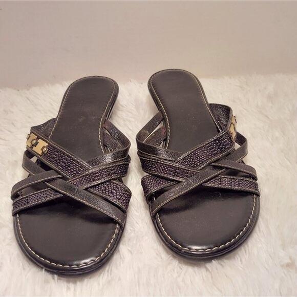 Womens Strappy Sandals Size 9 Made in Italy Black Leather Slip On 1.5" Wedge - Picture 1 of 12